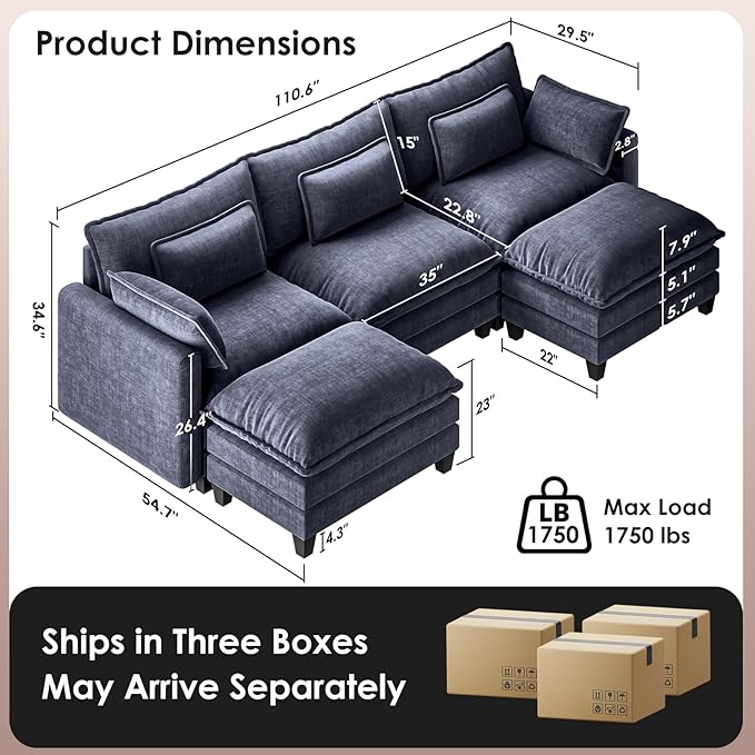 Marsail Modular Sectional Sofa 110.6" U-Shaped Modern Comfy Cloud Couch, 5-Seat Chenille Deep Seat Sofa with Throw Pillow & Movable Ottoman for Living Room, Bedroom and Apartment, Navy Blue