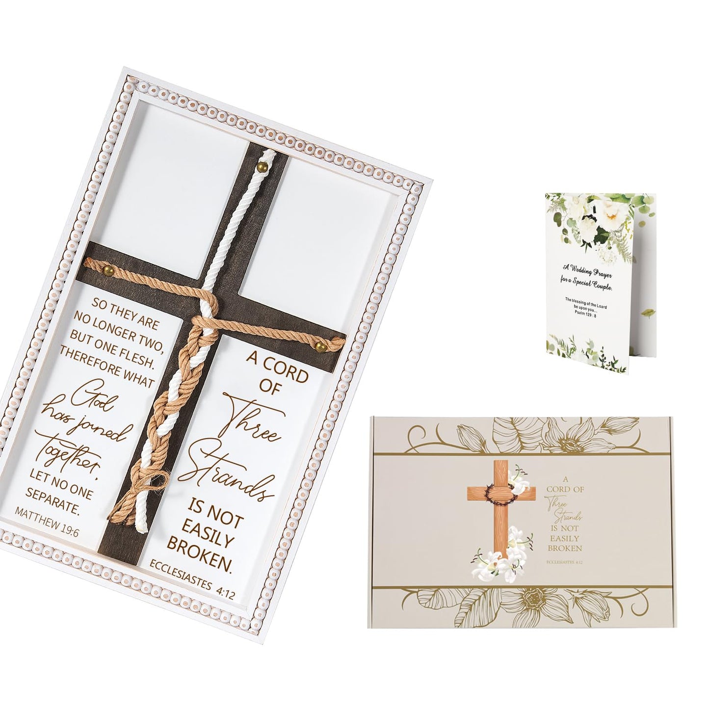 A Cord of Three Strands Wedding Sign 15x10 Inches - Unity Rope Cross Braid for Ceremony with Bible Verses, Rustic Wedding Unity Ideas, Anniversary Religious Marriage Gifts for Couple, Christian