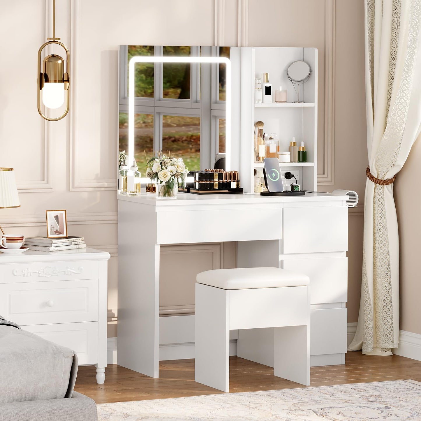 Vanity Desk with Mirror and LED Light, Vanity Desk with 4 Drawers, Power Outlet, Storage Stool, Open Shelves, Hairdryer Holder, Adjustable 3 Lighting Mode, Makeup Vanity Set for Bedroom, White