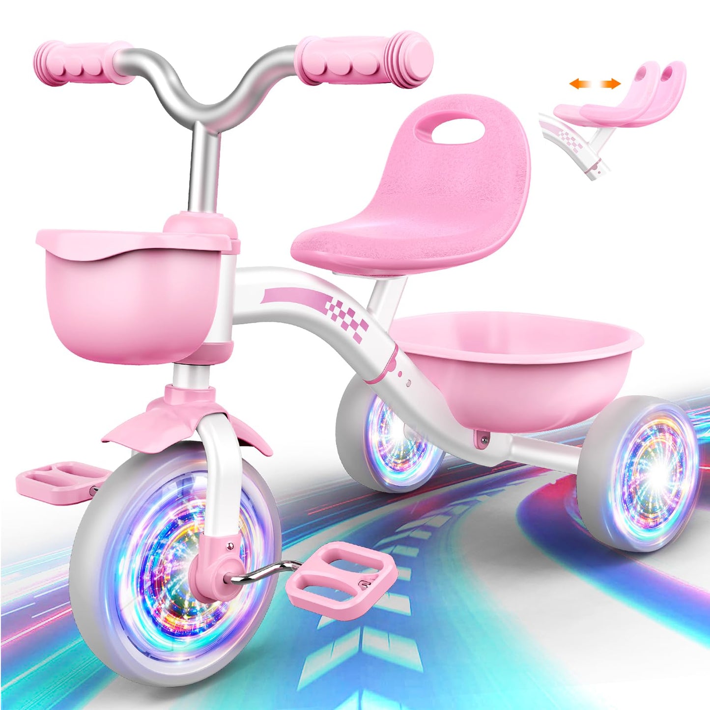 Toddler Tricycle for 1-3 3-5 Year Olds, Toddler Toys Baby Bike, Toys for Ages 2-4, 3-Level Adjustable Seat, 3 Colorful Lighting Wheels, 2 3 4 5 Year Old Girl Birthday Gifts Pink
