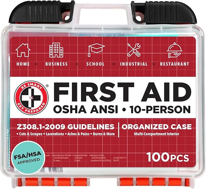 Be Smart Get Prepared OSHA/ANSI First Aid Kit - 10 Person, 100 Pieces - Designed for Home, Business, School, Industrial, a...