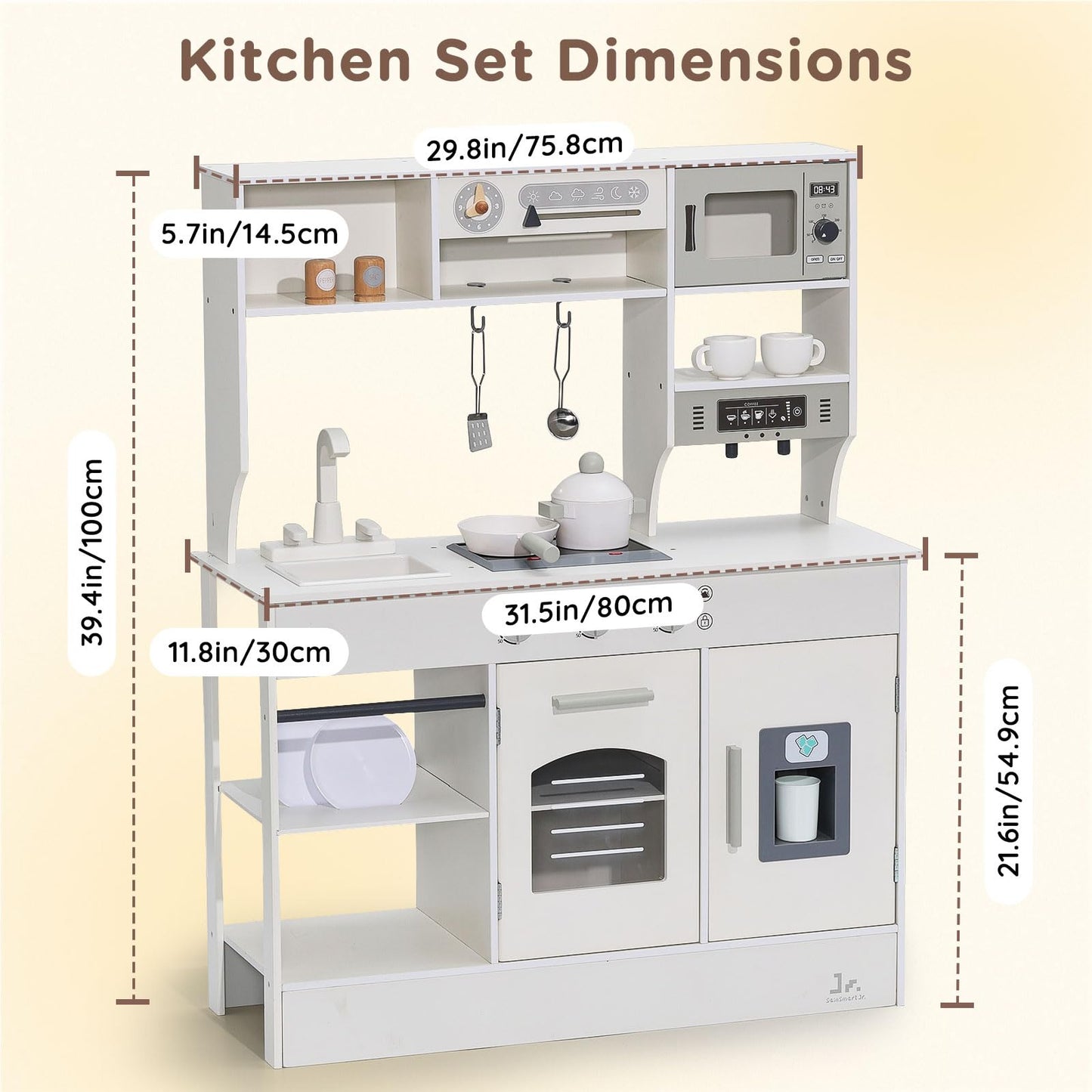 SainSmart Jr. Play Kitchen for Kids, Wooden Kitchen Playset with Lights & Sounds, Ice Maker, Oven & Sink, Trendy Home Style Toy Kitchen, Gift for 3+ Years