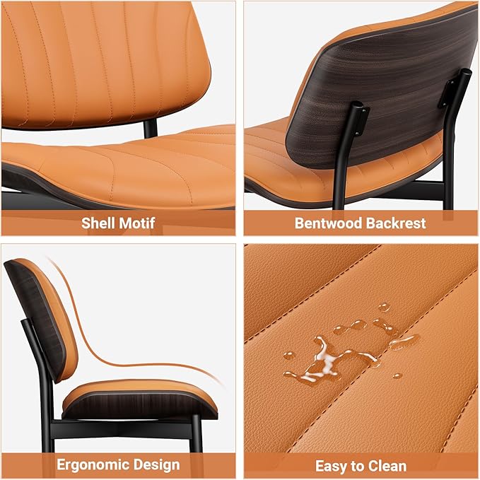 YaFiti Dining Chairs Set of 4, Mid Century Modern Dining Room and Kitchen Chairs, Upholstered PU Leather Chairs with Walnut Bentwood and Metal Legs, Orange
