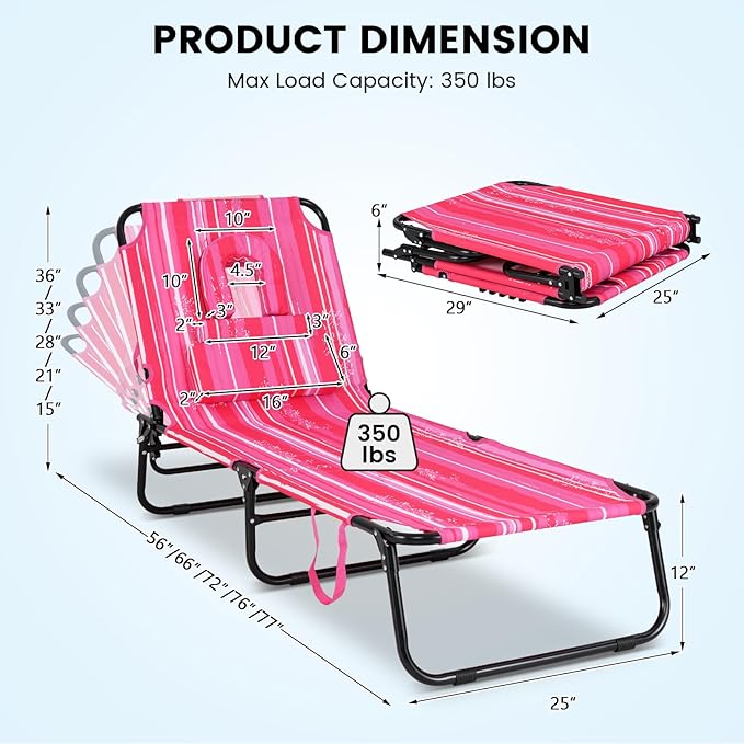 GYMAX Tanning Chair, 350lbs Beach Lounge Chair with Face Hole, Washable Pillow & Carry Strap, Adjustable Folding Chaise Lounge, Layout Lounger for Outside, Patio, Poolside, Lawn (2, Pink Stripe)