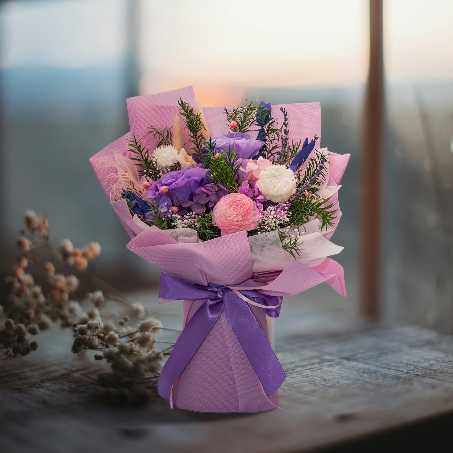 HUACHIPLUS Natural Eternal Flowers Gift: Preserved Flowers Bouquet, Anniversary, Birthday, Mom Gifts for her-Flowers for Delivery Prime-Purple Forever flower arrangement (Lilac)