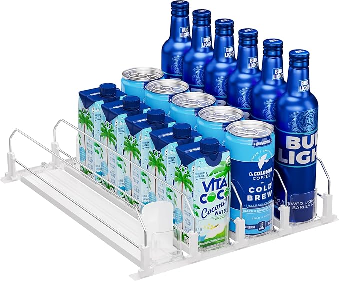 Puricon Drink Organizer for Fridge - Spring Loaded Pusher Glide, Self Pushing Soda Can Dispenser, Beer Bottle Beverage Hol...