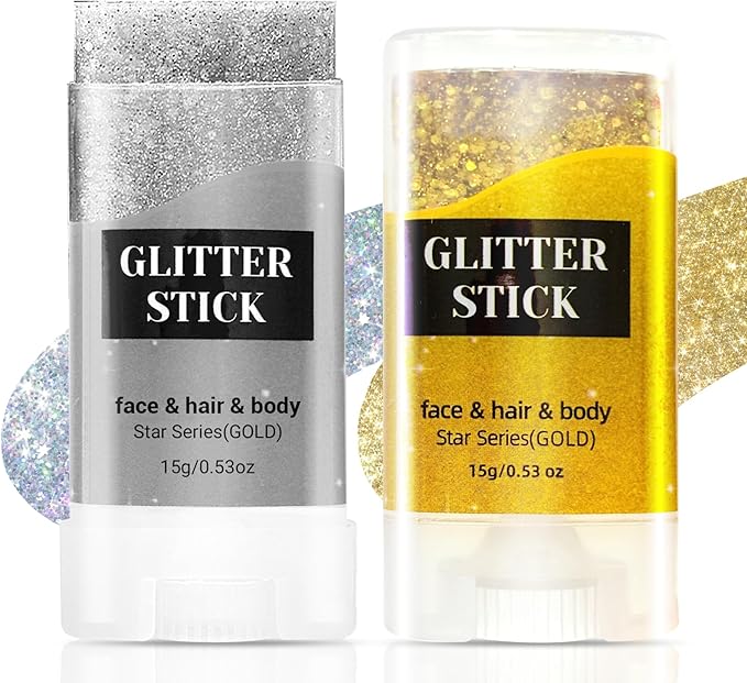 2PCS Face Body Glitter Stick,Gold Silver Hair Glitter Stick for Kids Women,Roll on Body Face Glitter Gel Makeup Hair Acces...