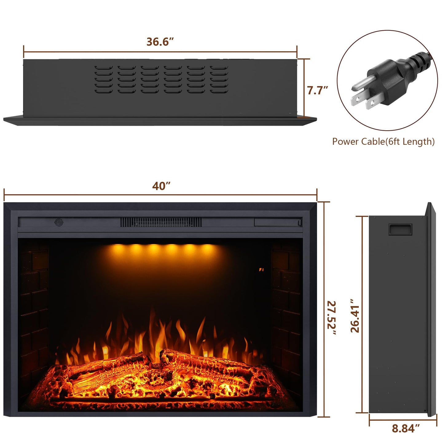 Valuxhome Electric Fireplace, 40 Inches Fireplace Insert, Electric Heater with Overheating Protection, Fire Crackling Sound, Remote Control, 750/1500W, Black, 40" L27 H