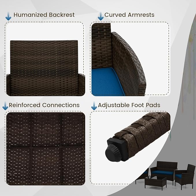 HAPPYGRILL 4 Pieces Outdoor Rattan Conversation Set, Patio Wicker Furniture Set with Loveseat Chairs & Tempered Glass Coffee Table, Outside Sectional Sofa Set for Backyard Garden Poolside, Blue