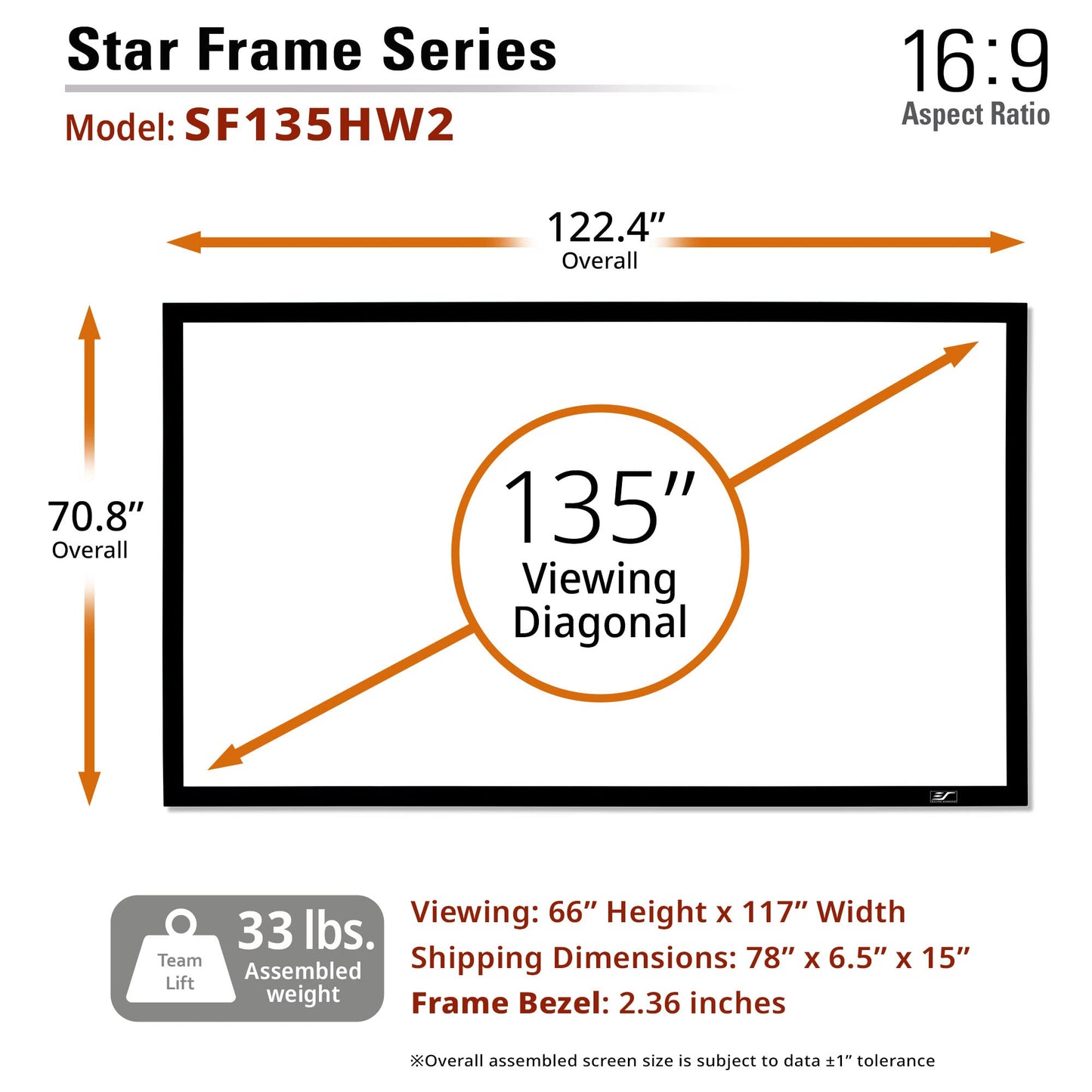 Elite Screens 135" Fixed Frame Projector Screen, Wall Mount, ISF Certified CineWhite UHD-B, Works with Standard, Short Throw & UST Projectors, SF135HW2