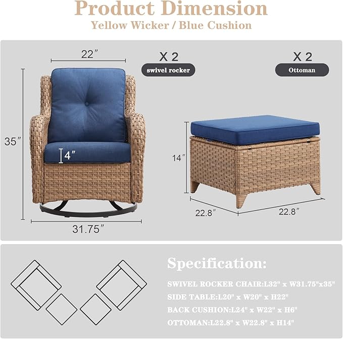 Belord 4 Pieces Patio Furniture Sets, Wicker Patio Swivel Glider Chair with Ottomans, Outdoor Furniture Set for Outside Porch, Deck, Balcony, Garden, Yellow