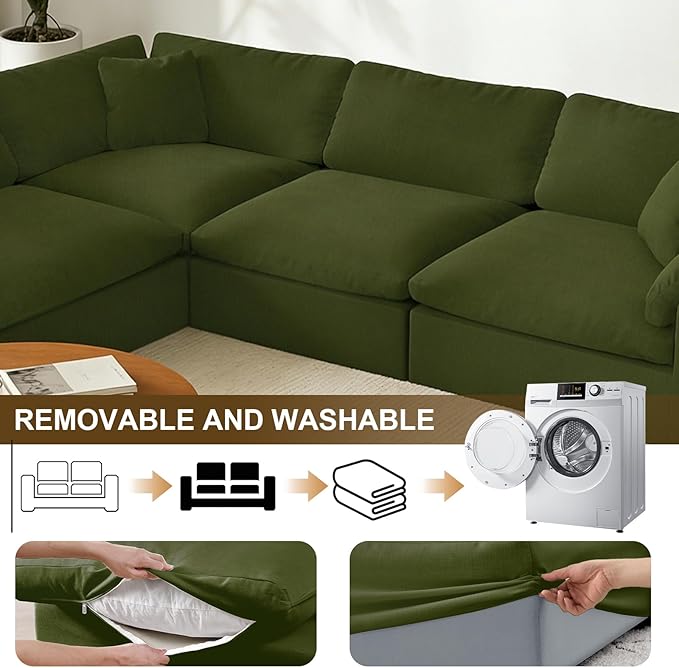 Forest aesthetics Modular Sectional Sofa, 4 Seater Cloud Couch,Down Filled Comfy Cloud Modern Sofa,Green Linen Oversized Couch Cushion Covers Removable for Living Room