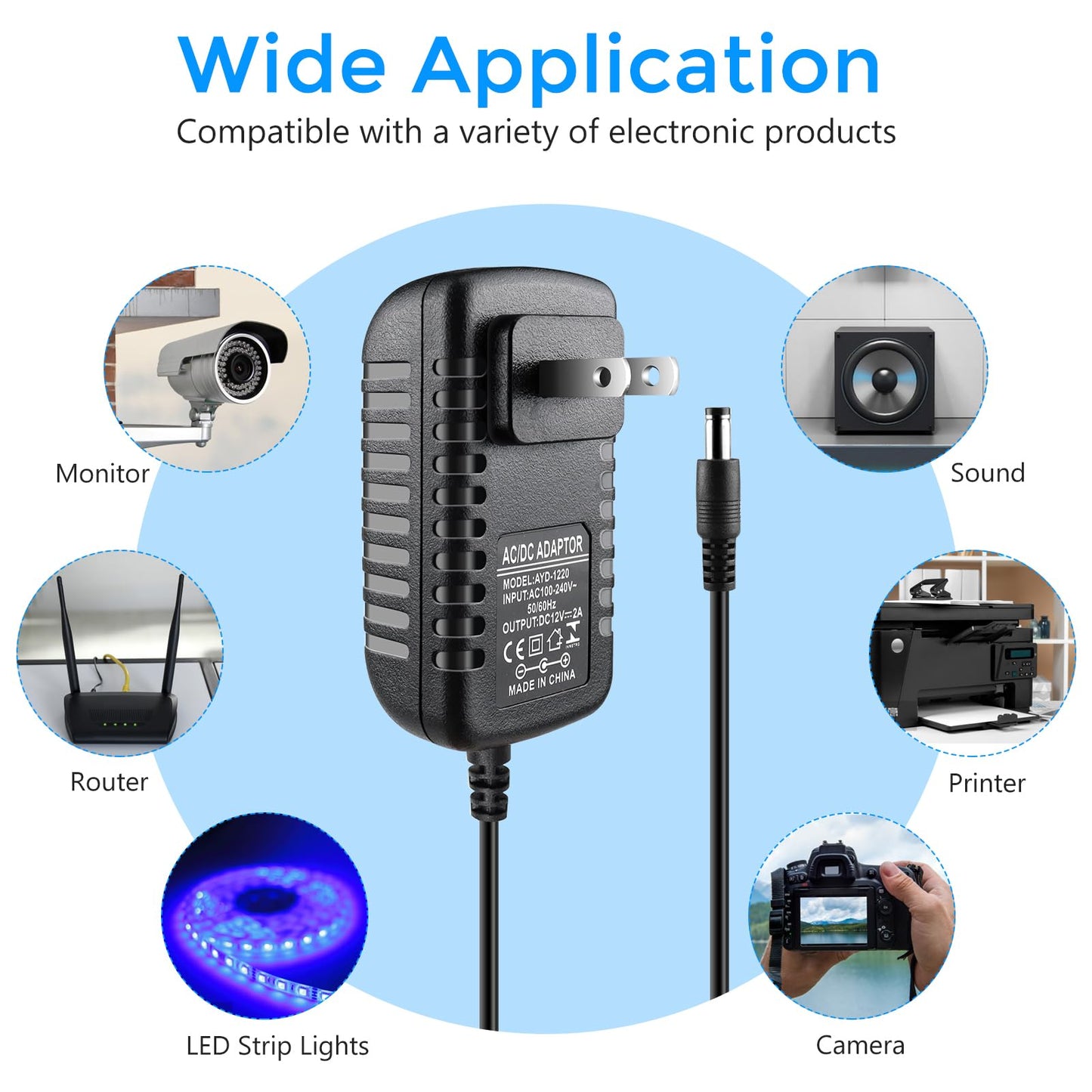 LightingWill 12V Power Supply, 24W Power Adapter, 110V AC to 12V 2A DC Power Supply, Wall Plug Transformer for Devices with 5.5/2.1mm DC Connector (5 Pack)