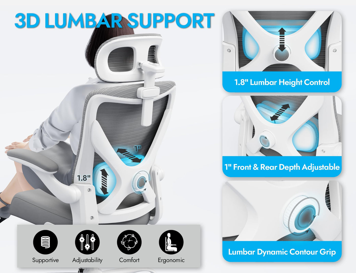 Ergonomic Office Chair: White Computer Desk Chair Comfy Gaming Chair for Adults - Office Chair with Lumbar Support & Headrest - Executive Office Rolling Chairs for Home Work (Grey)