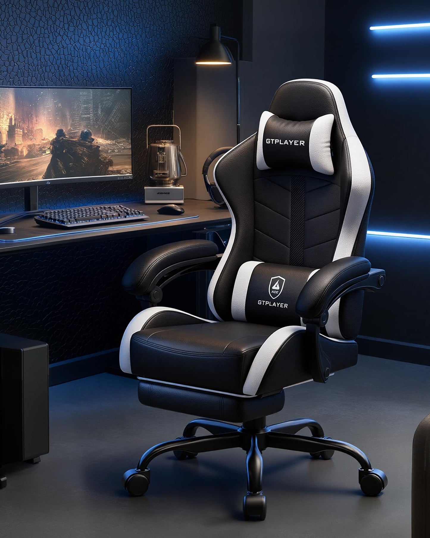 GTPLAYER Gaming Chair, Ergonomic Game Computer Chairs with Foot Rest for Adults, Adjustable PC Game Chair with Reclining Function and Comfortable Headrest for Home and Office Use (White)