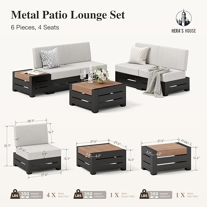 HERA'S HOUSE Metal Patio Furniture Set 6-Piece, All Weather Outdoor Sectional Sofa with Coffee Table & Side Table, 5.9" Thick Waterproof Cushions, Modular Conversation Set for Garden, Deck, Backyard
