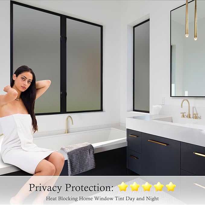 Coavas Window Privacy Film Frosted Glass Static Cling UV Sun Blocking Heat Control Window Tint Day and Night Insulation Home Bathroom Door Decorative Frosting Cover, 23.6 x 393.7 Inch, Gray