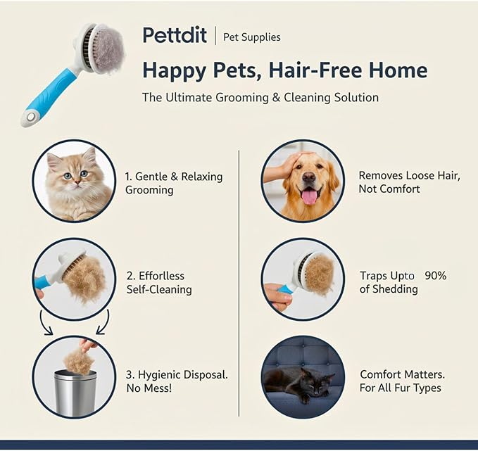 Pettdit Pet Hair Remover & Detailer Bundle – Reusable Lint Roller + Grooming Brush for Cats & Dogs – Removes Fur from Furniture, Carpet, Clothes & Bedding