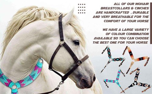 Cheval's International Western Mohair Horse Breast Collar, Handmade Premium Wool & Leather Equestrian Tack, Adjustable, Durable & Comfortable Saddle Breastplate for Horses - Aqua & Pink, Full