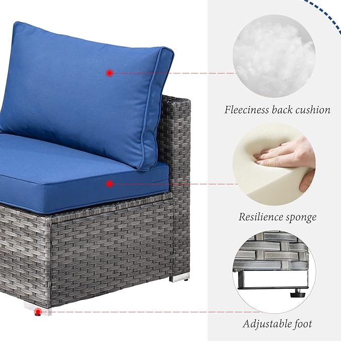 HOOOWOOO 7 Piece Patio Sectional Furniture Set,Modern Wicker Outdoor Conversation Sofa Sets,Weather Resistant Modular L Shaped Outside Couch Table Set(Navy Blue)