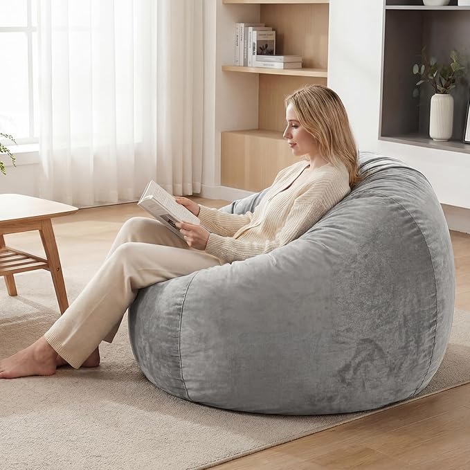 YuppieLife Large Foam Filled Bean Bag Chairs for Kids Teenagers Adults Living Room Gaming Relaxing 4F Machine Washable Lazy Sofa（Silver Grey