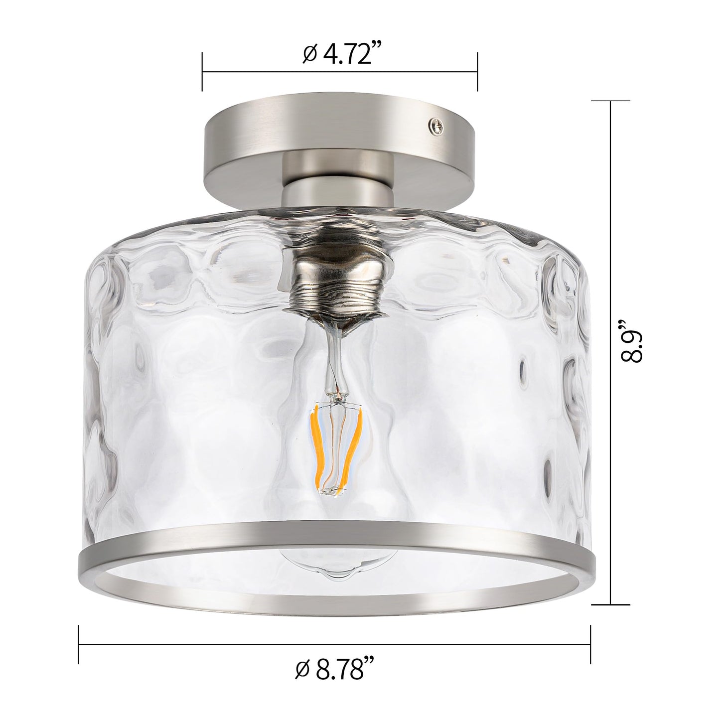 Zlepmlla Modern Semi Flush Mount Ceiling Light with Industrial Clear Hammered Glass Lampshade, Farmhouse Ceiling Lights fixtures in Satin Nickel for Hallway Kitchen Bathroom Bedroom