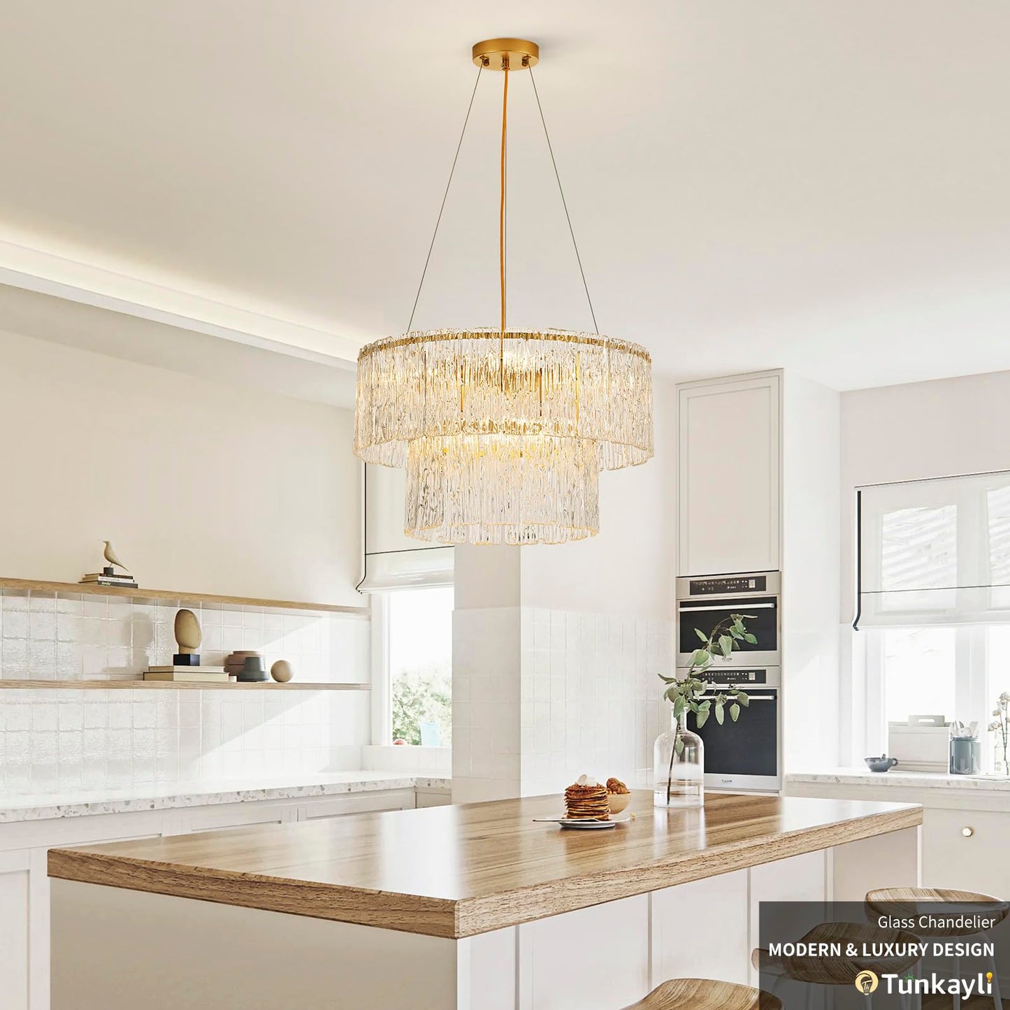 Tunkayli 20" Crystal Chandelier Modern Gold Glass Chandeliers 2-Tier Round Elegant Luxury Lighting 6-Light Drum Crystal Chandelier for Dining Room Kitchen Restaurant Foyer Bedroom Living Room