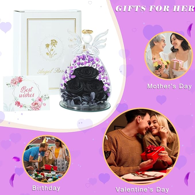 Beferr Valentines Day Rose Gifts for Her Women Mom Gifts for Birthday, Fresh Flowers for Delivery Forever Preserved Rose in Glass Angel Figurine, for Grandma Wife Daughter Girlfriend