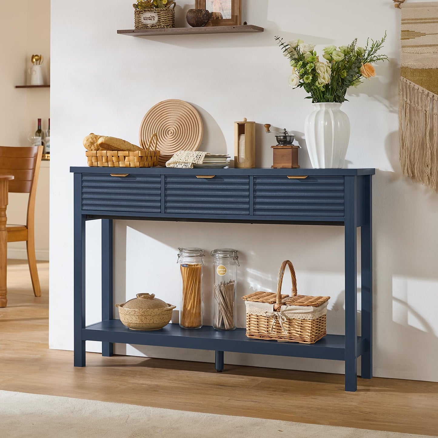 LEYAOYAO Fluted 47.2" Console Table with 3 Drawers, Modern Wood 2 Tier Entryway Table with Open Storage Shelf, Sofa Entry Tables Behind Couch for Living Room, Hallway, Entrance Foyer, Dark Navy Blue