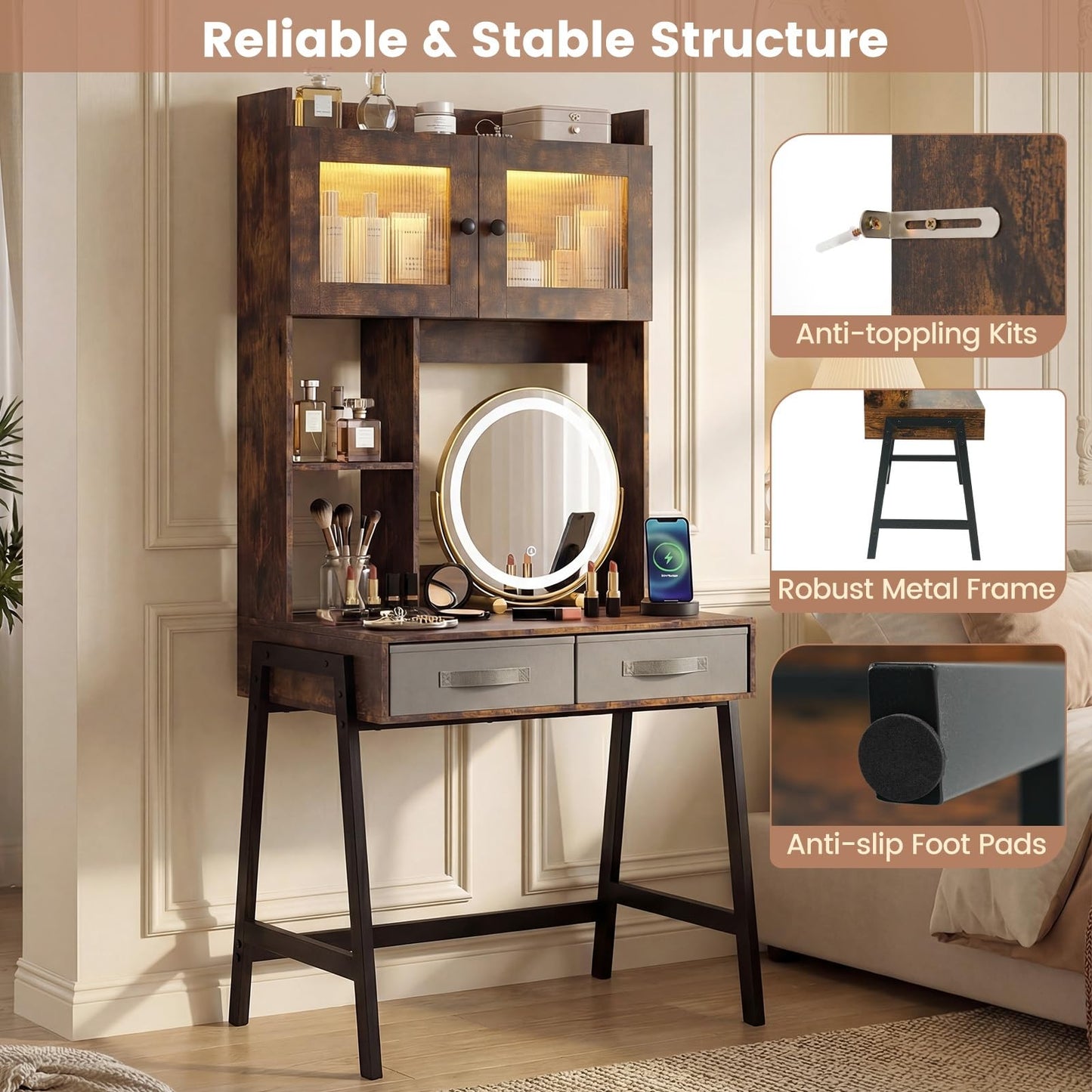 CHARMAID 67'' Tall Vanity Desk with LED Mirror, RGB Lighted Cabinet, Charging Station, Storage Shelves & Fabric Drawers, Metal Frame, Makeup Vanity Table with Hutch for Bedroom (Rustic Brown & Black)
