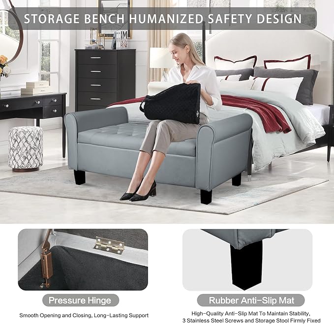 Babion Storage Bench for Bedroom End of Bed, Button Tufted Storage Ottoman Bench 51 Inch, End of Bed Storage Bench with Upholstered, Rolled Arm Window Bench Seat with Solid Wood Legs, Dark Grey