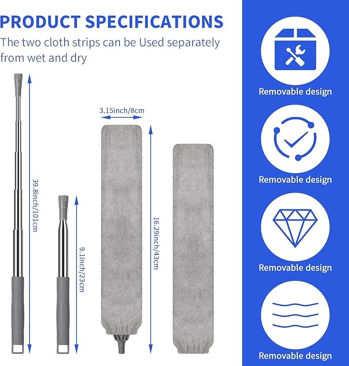 Retractable Gap Dust Cleaner, 4 Microfiber Dusting Cloths Long, Ceiling Fan Cleaner Duster with Stainless Steel Handle Washable Cleaning Tools, Extendable Duster, High Ceiling