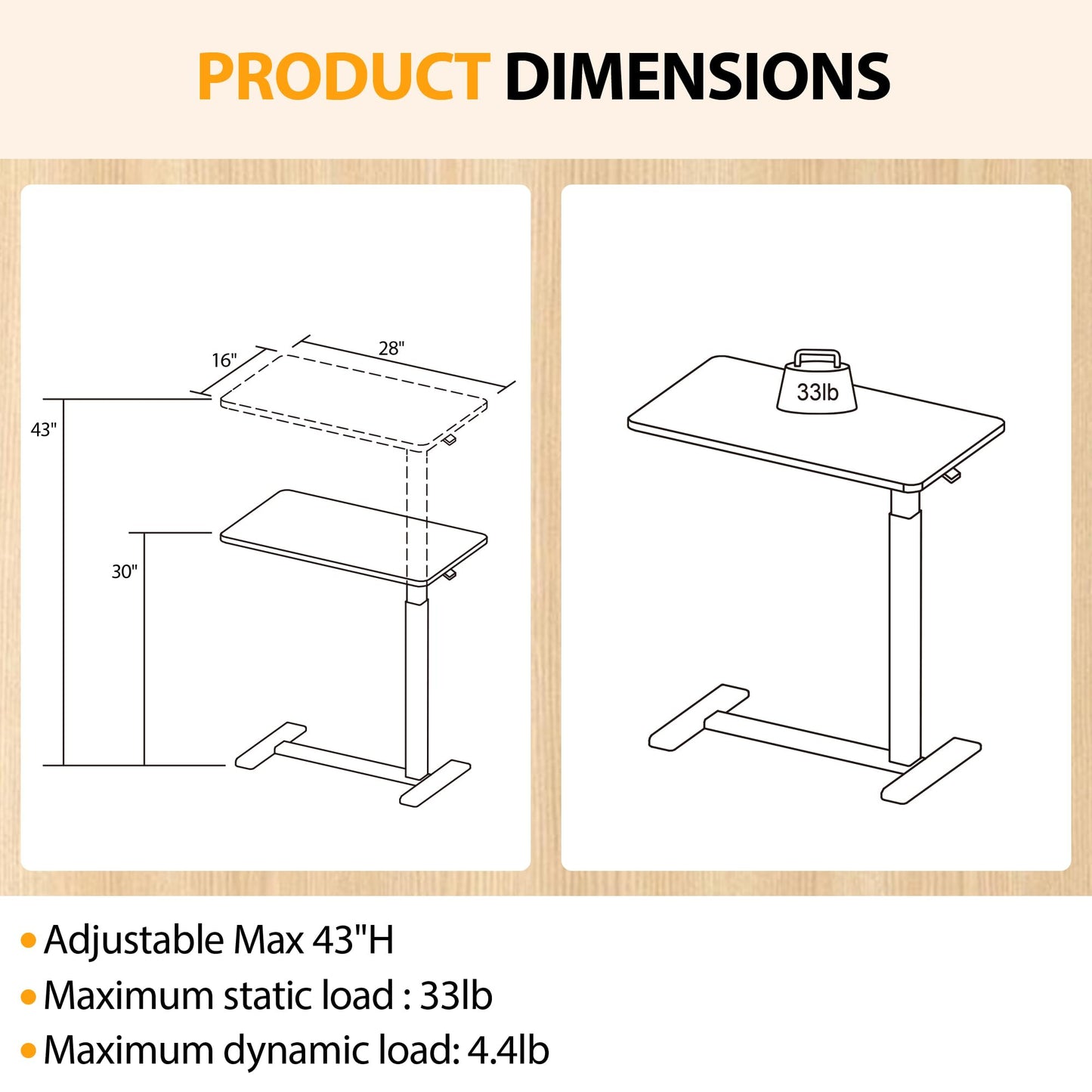 JYouHome Height Adjustable Overbed Table with Hidden Wheels, Mobile Standing Desk Hospital Bed Table Laptop Bedside Sofa Side Table, 16" D x 28" W Multi-Purpose Rolling Overbed Table, Greyish White