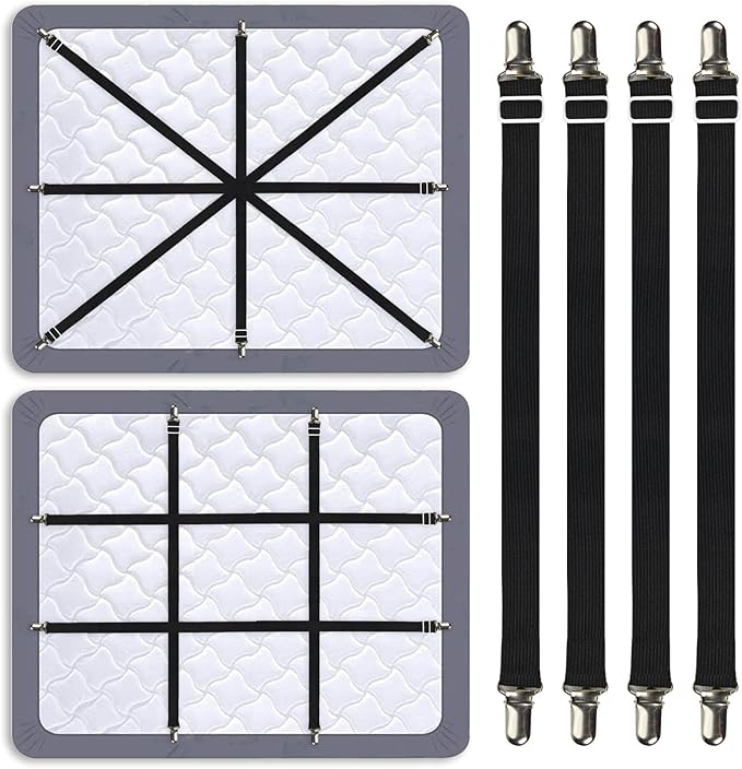 Premium Adjustable Bed Sheet Clips with Elastic Straps and Clips for Securely Holding Sheets in Place, Fits Mattresses from 20" to 79"（Black）