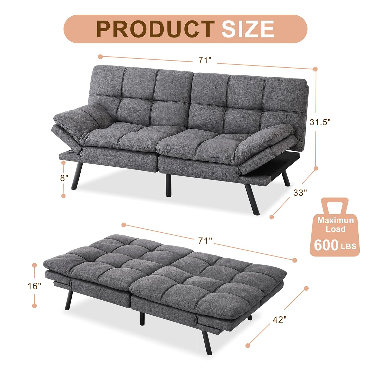 Opoiar Bed with Memory Foam, Convertible Futon Couch with Adjustable Armrests, Multifunctional Sofa Sets for Apartment, Office,Small Spaces Sofabed, Deep Grey