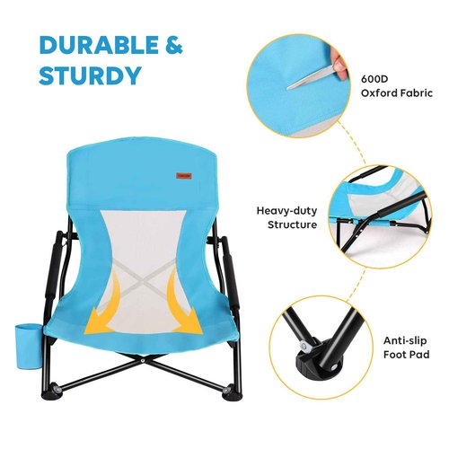 TOBTOS Low Beach Chair, Beach Chairs for Adults 2 Pack, Low Profile Folding with Cup Holder & Carry Bag, Heavy Duty Chair for Outdoor Sand, Camping, Concert, Travel