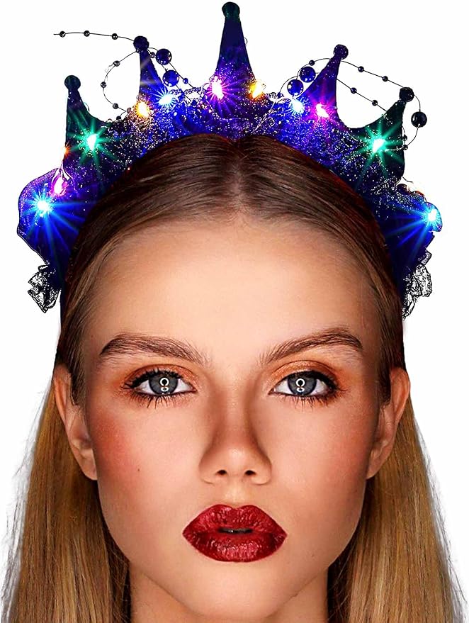 Metisee Halloween Crown Headbands Light Up Halloween Headband LED Baroque Crown Hairband Costume Party Hair Accessories fo...