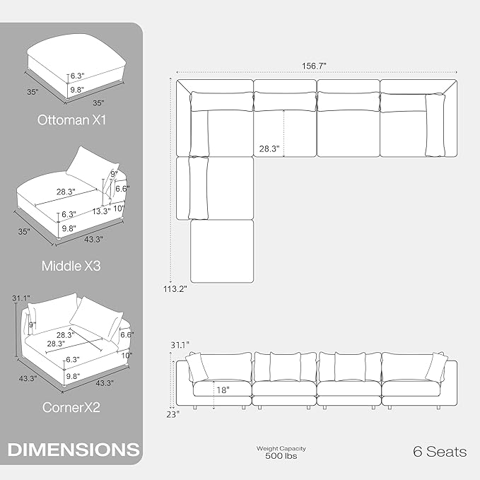 Fajiani Oversized Modular Sectional Sofa, Cloud Couch Deep Seat Sofa Cushion Covers Removable, Oversized Sectional Couches for Living Room (6 Seater-Dark Gray)