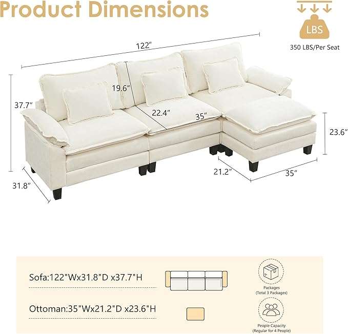 URRED Cloud Couch Modular Sectional Sofa, 122'' Modern L Shaped Deep Seat Sofa with Ottoman & Pillows, Ultra Comfy Chenille Couches for Living Room, Bedroom or Apartment, White | Chenille Fabric, Skin Friendly, Breathable, Ergonomic Design, Flexible Mo...