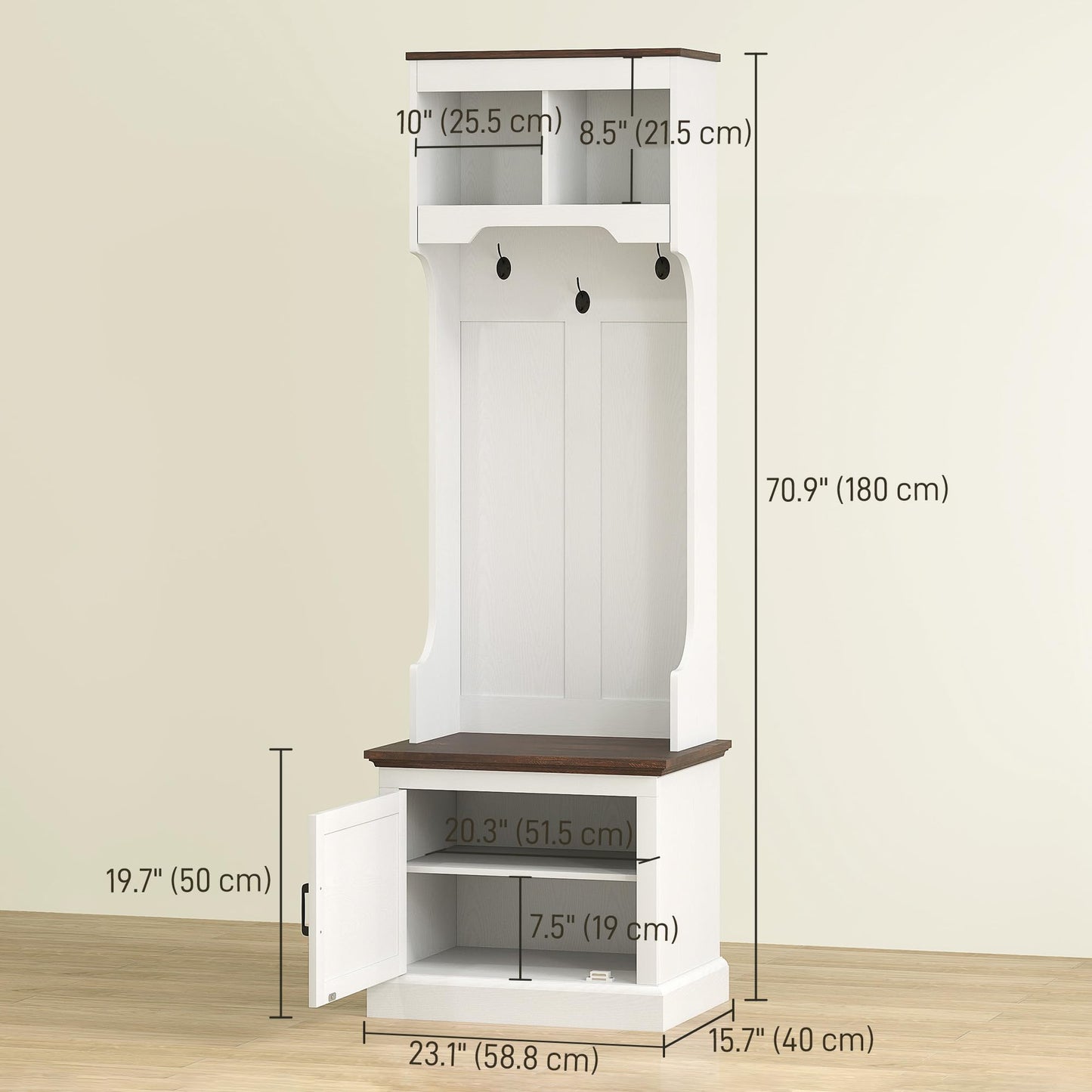 HOMCOM 3-in-1 Hall Tree with Shoe Storage, Standing Coat Rack with Shoe Bench, Entryway Furniture with Three Hooks, White Wood Grain