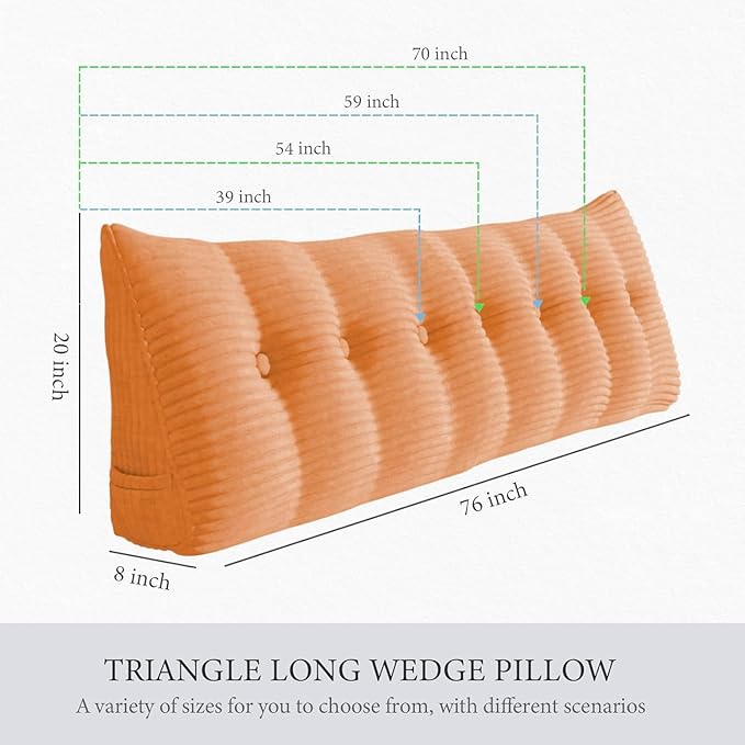 Wedge Headboard Pillow Dorm Room Reading Pillow Back Support for Sitting Up in Bed Bolster Lumbar Cushion Body Positioning Bedrest Corduroy (Peachy, King (76 * 8 * 20in))