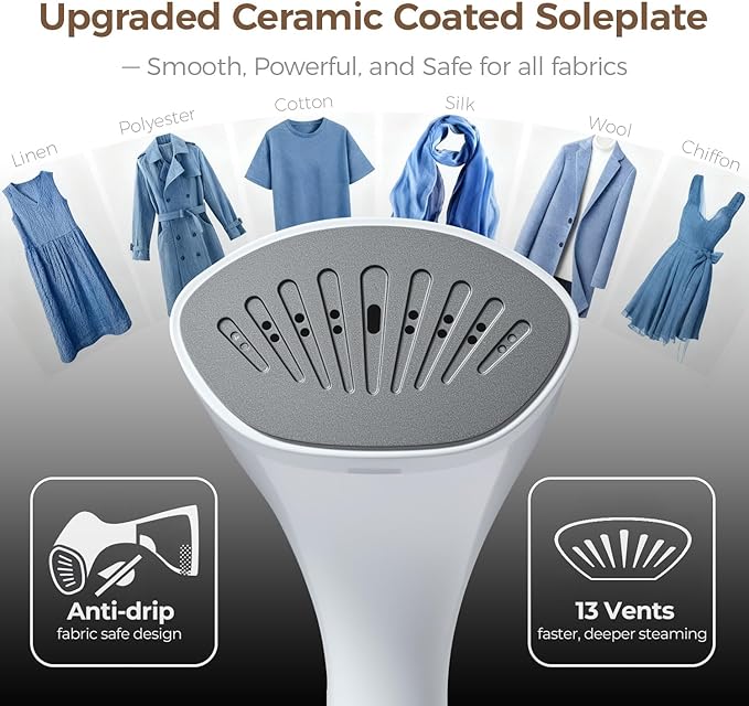 Steamer for Clothes, 20S Heat Up, 1500W & 3 Steam Settings, Ceramic Soleplate with 13-Vent, 2-in-1 Clothing Iron Wrinkle Removal for All Fabrics, Portable & Travel-Ready