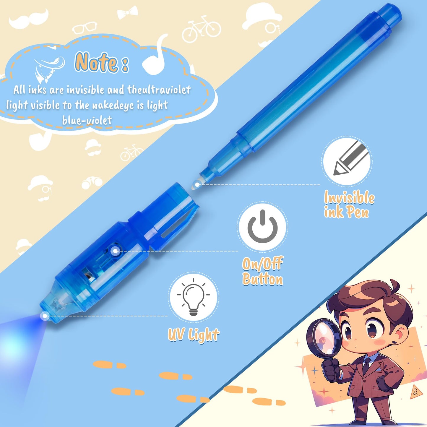 inkipen Invisible Ink Pen 24Pcs+ Notebooks, Spy Pens with UV Light, Magic Marker, Classroom Prize, Birthday Party Favors for Kids 8-12, Kids Stocking Stuffers