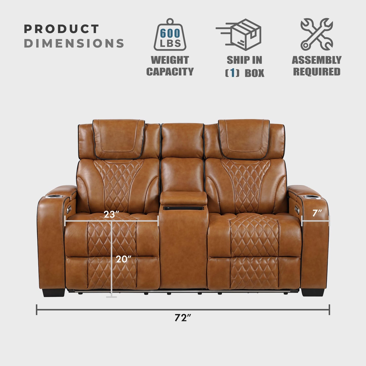Lexicon Power Double Reclining Loveseat, Center Console/Heat/Massage/Headrest/Storage Arms/Cup Holders/LED Lights/Wireless Charging, Top Grain Leather Match Wall Hugger Recliner Loveseat, Brown