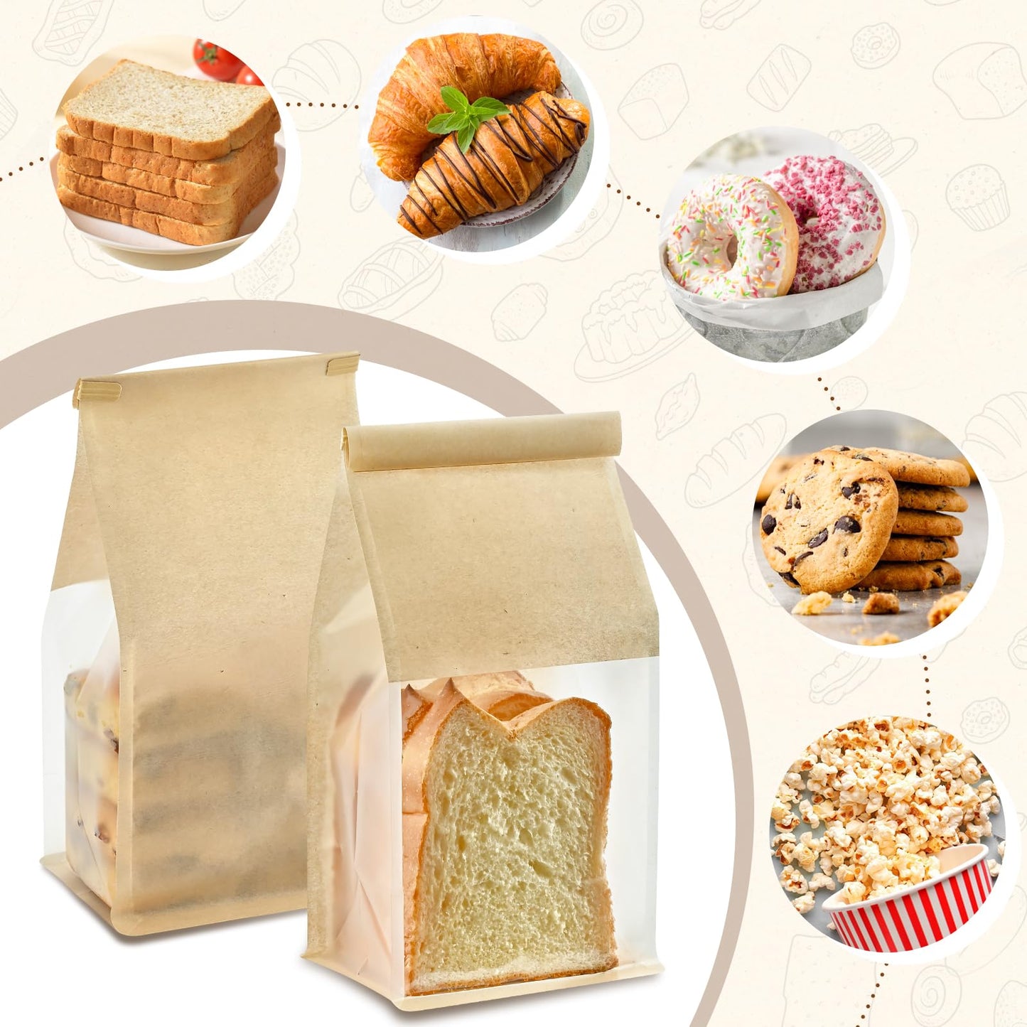 Ohuimrt 50 PCS Bread Bags for Homemade Breads, 11 x 5.1 x 3.9 Inches Brown Kraft Paper Bakery Bags with Tin Tie Tab Lock Sourdough Bread Bags with Window Baked Foods Packaging Storage