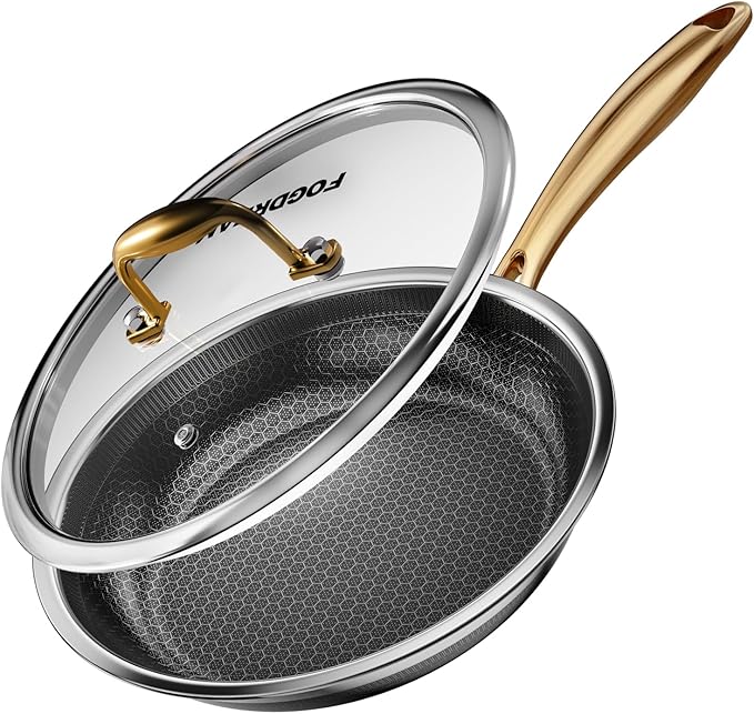 FogDream 12 Inch Non Stick Frying Pans, Stainless Steel Skillet with Tempered Glass Lid Tri-Ply Stainless Steel for All Cooktops, Dishwasher & Oven-Safe Cooking Pan, Stay-Cool Handle, Gold