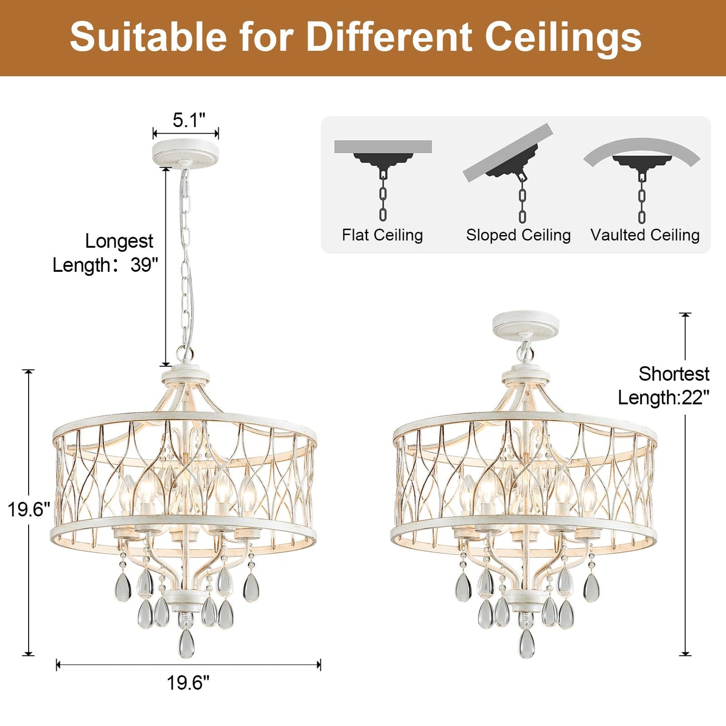 Uiimeces Modern Crystal Chandelier, 5-Light Farmhouse White Chandelier for Dining Room Vintage Hanging Pendant Light Fixtures Round Chandelier for Kitchen Island Entryway Foyer Bedroom Office Bar