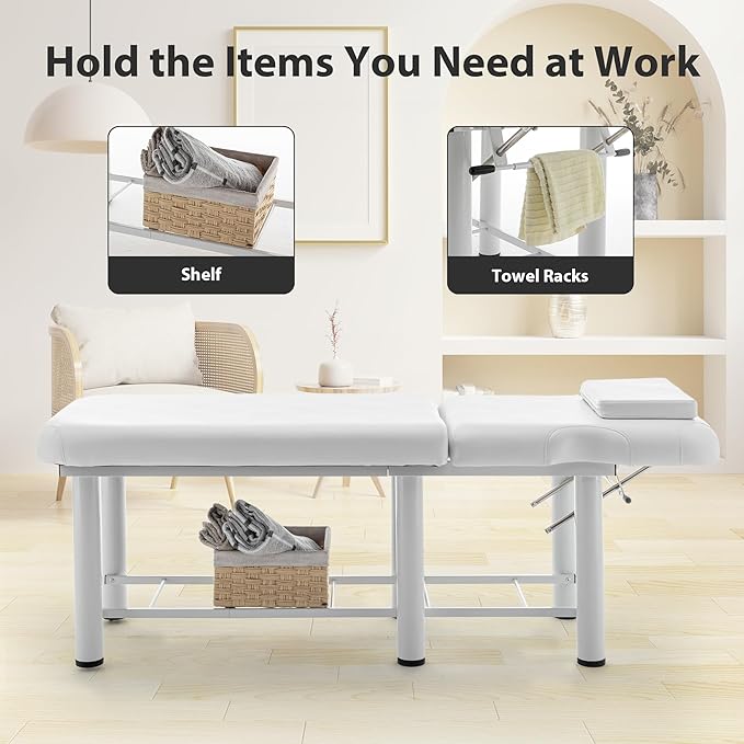 Professional Massage Table with Backrest, Faux Leather Stationary Physical Therapy Table, Metal Frame Barber Beauty Equipment, Removable Headrest Treatment Table Salon Spa Bed, White