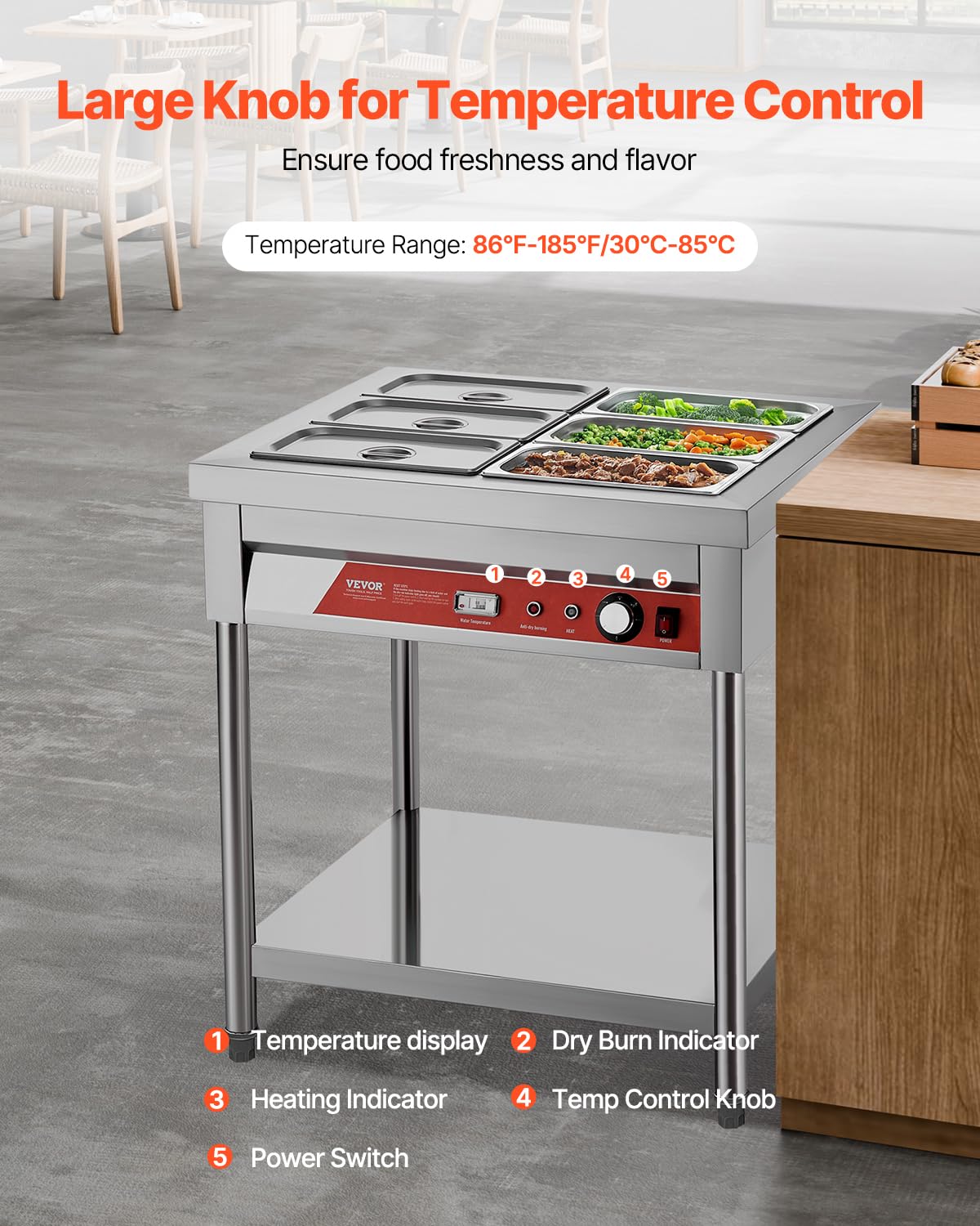VEVOR 6-Pan Commercial Food Warmer, 6 x 1/3 Pans Electric Steam Table, 1500W Professional Buffet Catering Food Warmer with Undershelf, Stainless Steel Server for Restaurant Party Hotel