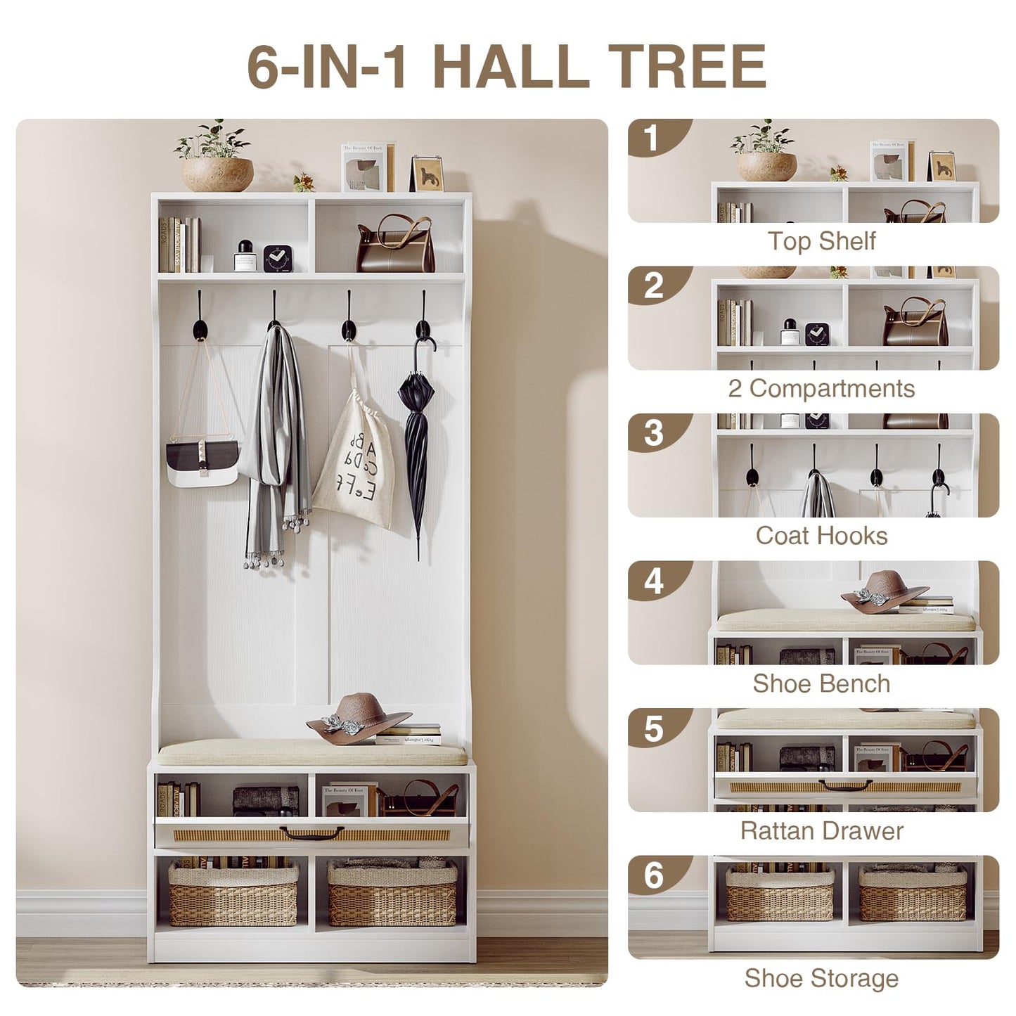 Skokliz Hall Tree with Bench & Shoe Storage - Entryway Coat Rack with 6 Compartments, 4 Hooks & Rattan Door, Soft Cushion Shoe Bench for Hallway, Living Room & Mudroom, White